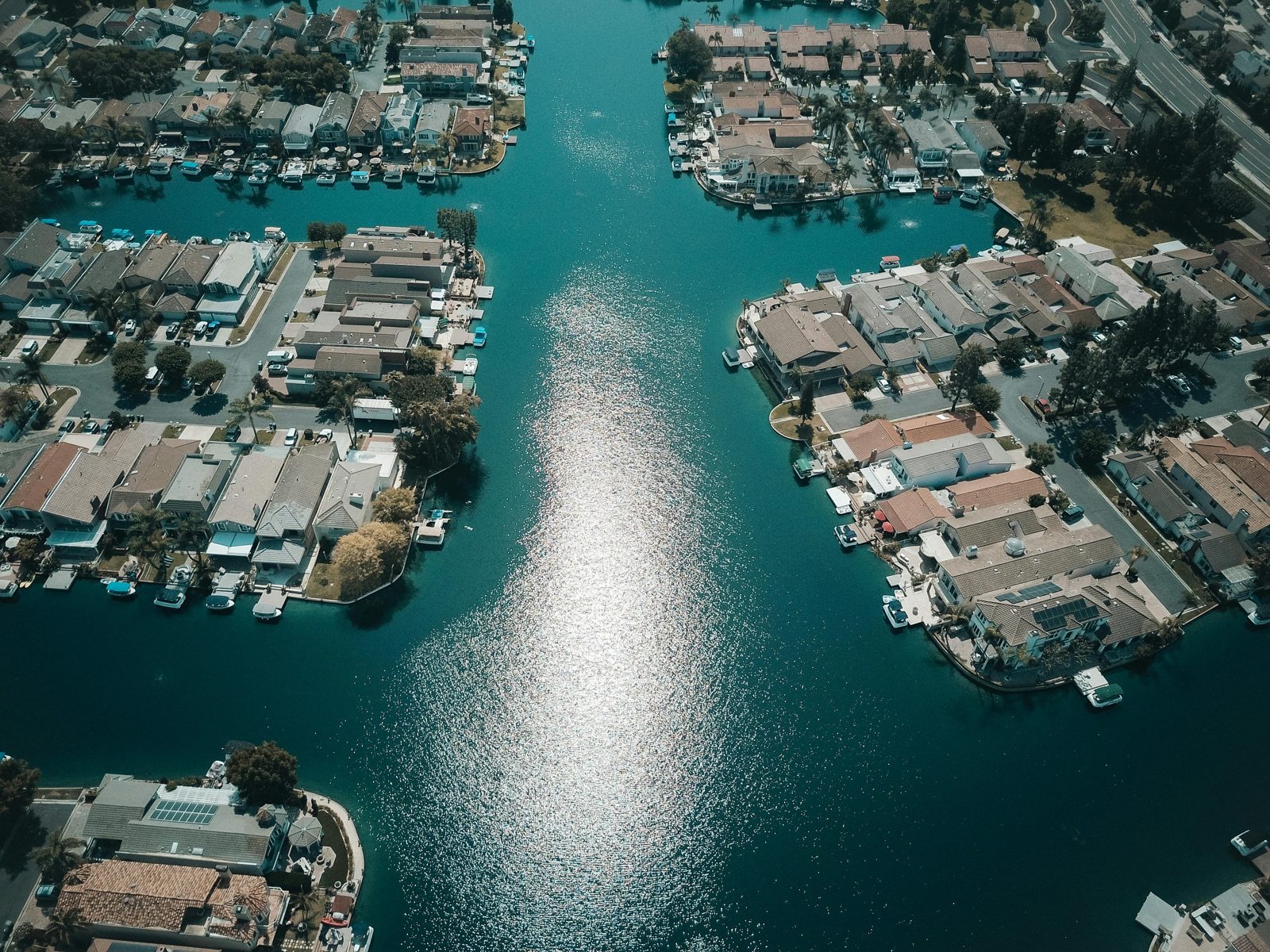 Aerial view of an exclusive waterfront community